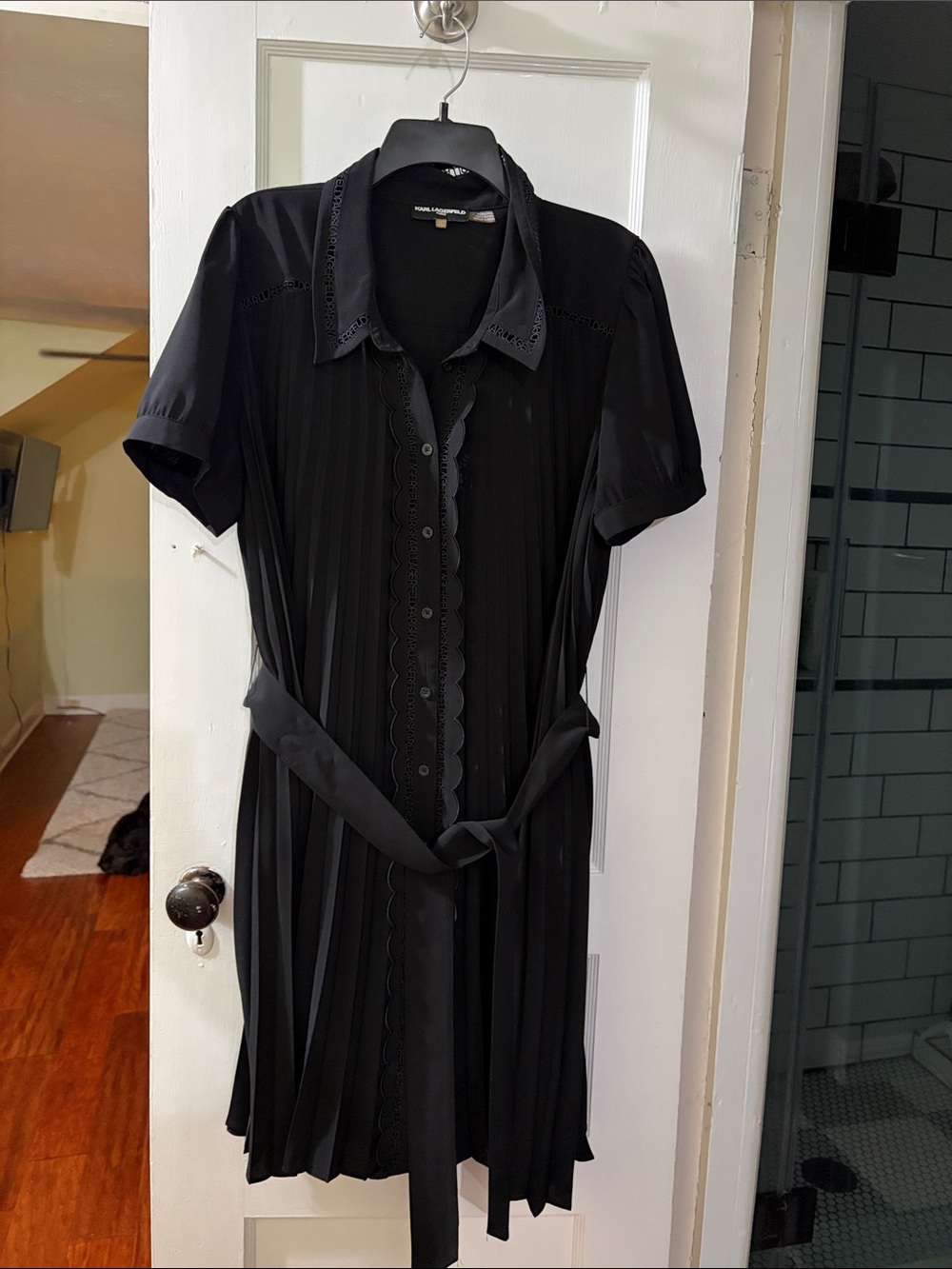 Karl Lagerfeld Black Pleated Shirt Dress with Tie Waist
